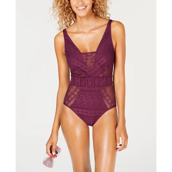 Becca Color Play Crochet Belted Merlot One Piece Swimsuit Women's Size Large - Picture 1 of 4
